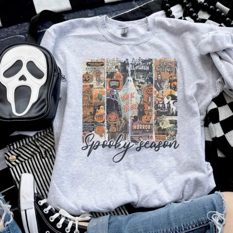 Spooky Season Collage Sweatshirt - Ash Grey - Spooky Sweatshirt