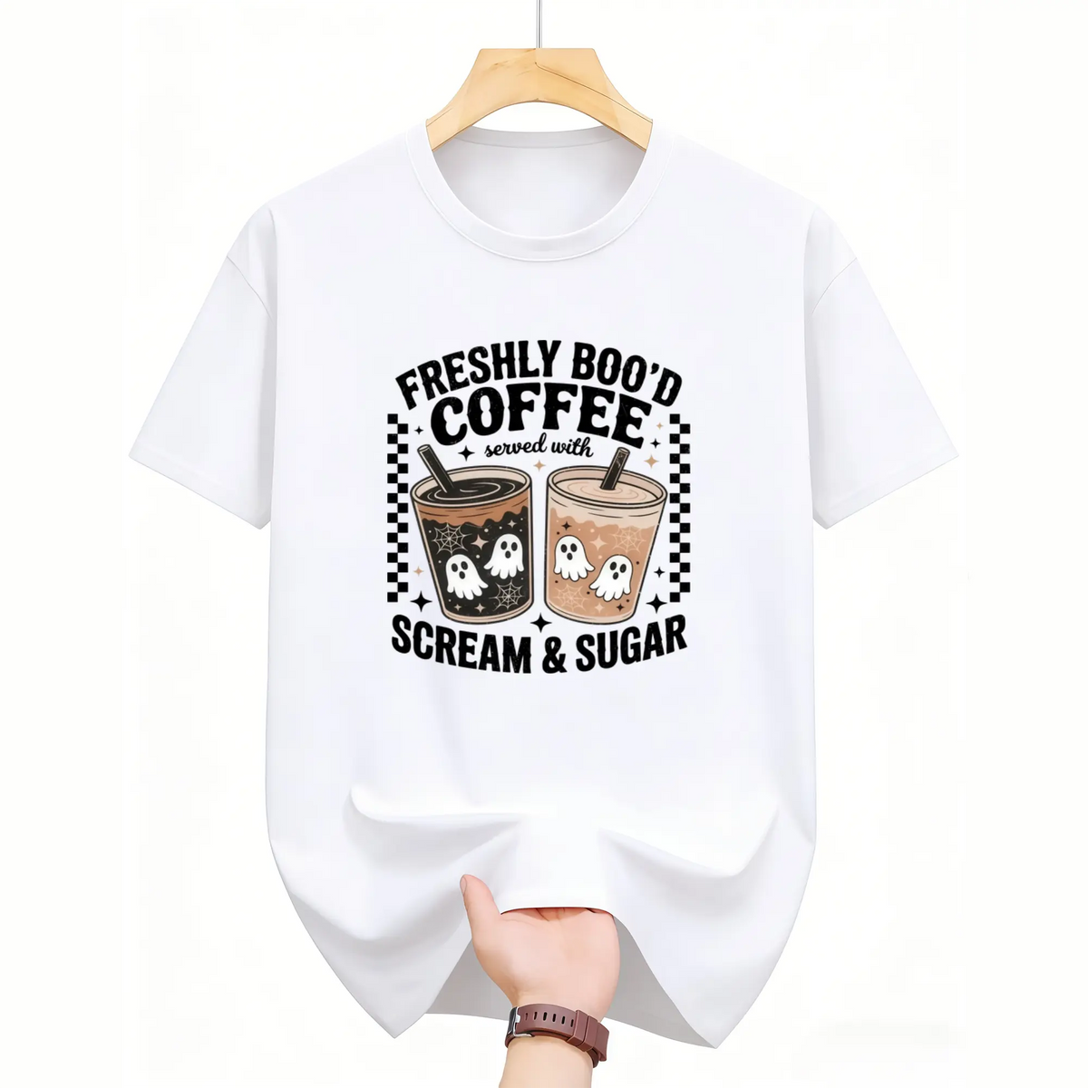 Women's Ghost Coffee Halloween T-Shirt - Unisex Tops for Women, Cute Spooky Print Trendy Graphic Shirts, Retro Cozy Fall Apparel
