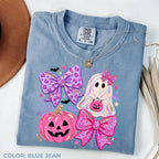 Comfort Colors Preppy Ghost Coquette Shirt, Cute Pink Bow Halloween T-Shirt, Girly Spooky Season Graphic Tee, Retro Fall Ghost Apparel, Trendy Gift