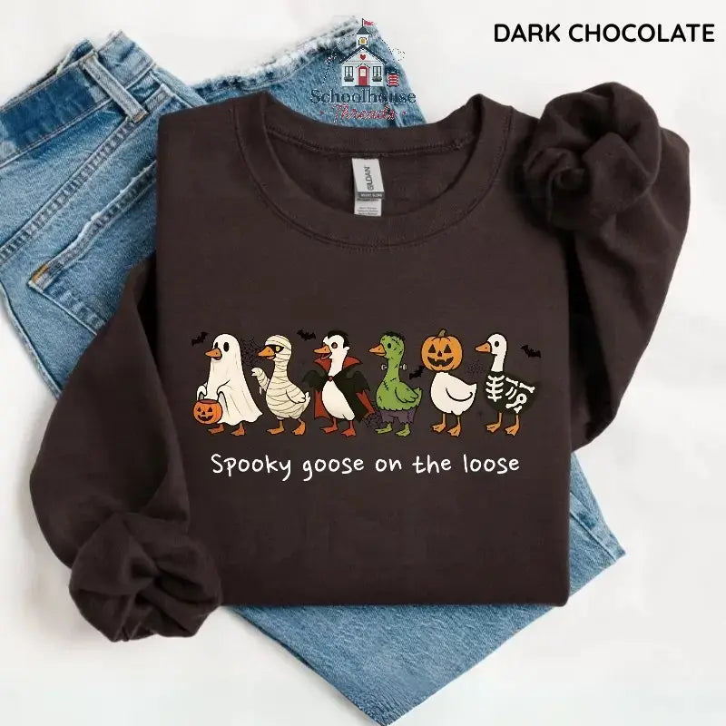 Spooky Goose on the Loose Sweatshirt, Funny Halloween Goose Graphic, Unisex Crewneck for Fall, Apparel Made In The US - Caps Apparel