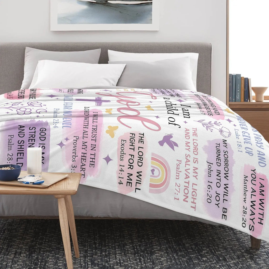 Faith-Based Printed Flannel Soft Throw Blanket (60x80 in) - "I Am A Child Of God" Bible Quote Collage, Pastel Watercolor Religious Print, Blankets for Sofa, Girl Room Decor, Heartwarming Gift for Girls,back to school,back to school shopping,home decor