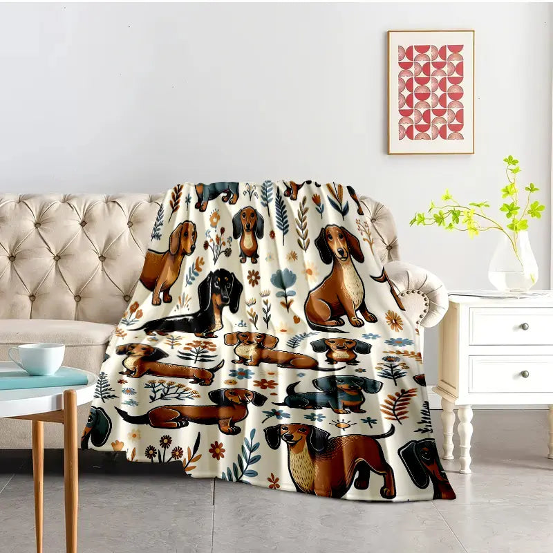 Super Soft Cute Dachshund Prints Flannel Printed 3D Blanket, As Birthday Gifts, Family, Wedding, Souvenir Blankets, Polyester Blankets Suitable For All Seasons, Washable, Machine Washable, Lightweight, Breathable, Comfortable, Warm, Unique
