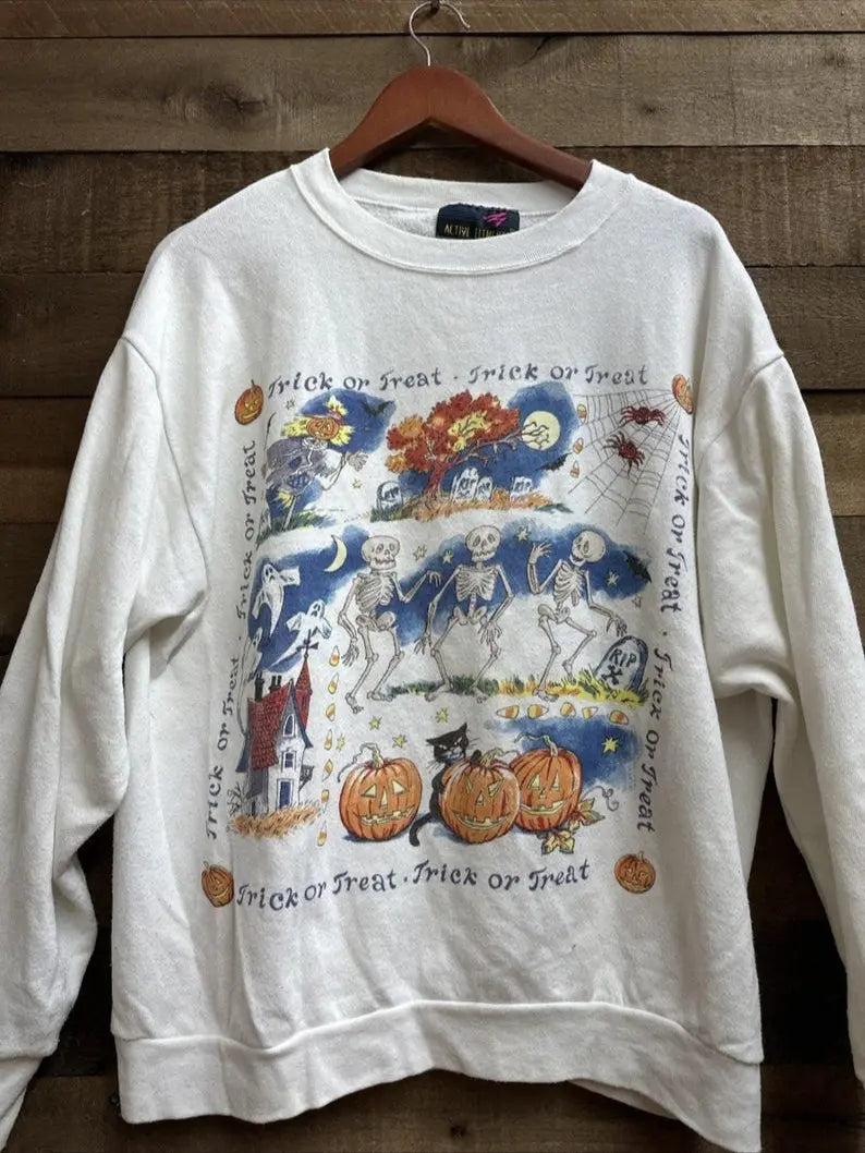 Halloween Skeleton Crewneck Vintage 90s Cotton Unisex, Trick or Treat Halloween Aesthetic, Garment-Dyed Soft, Women's Fall Relaxed Fit Sweatshirt