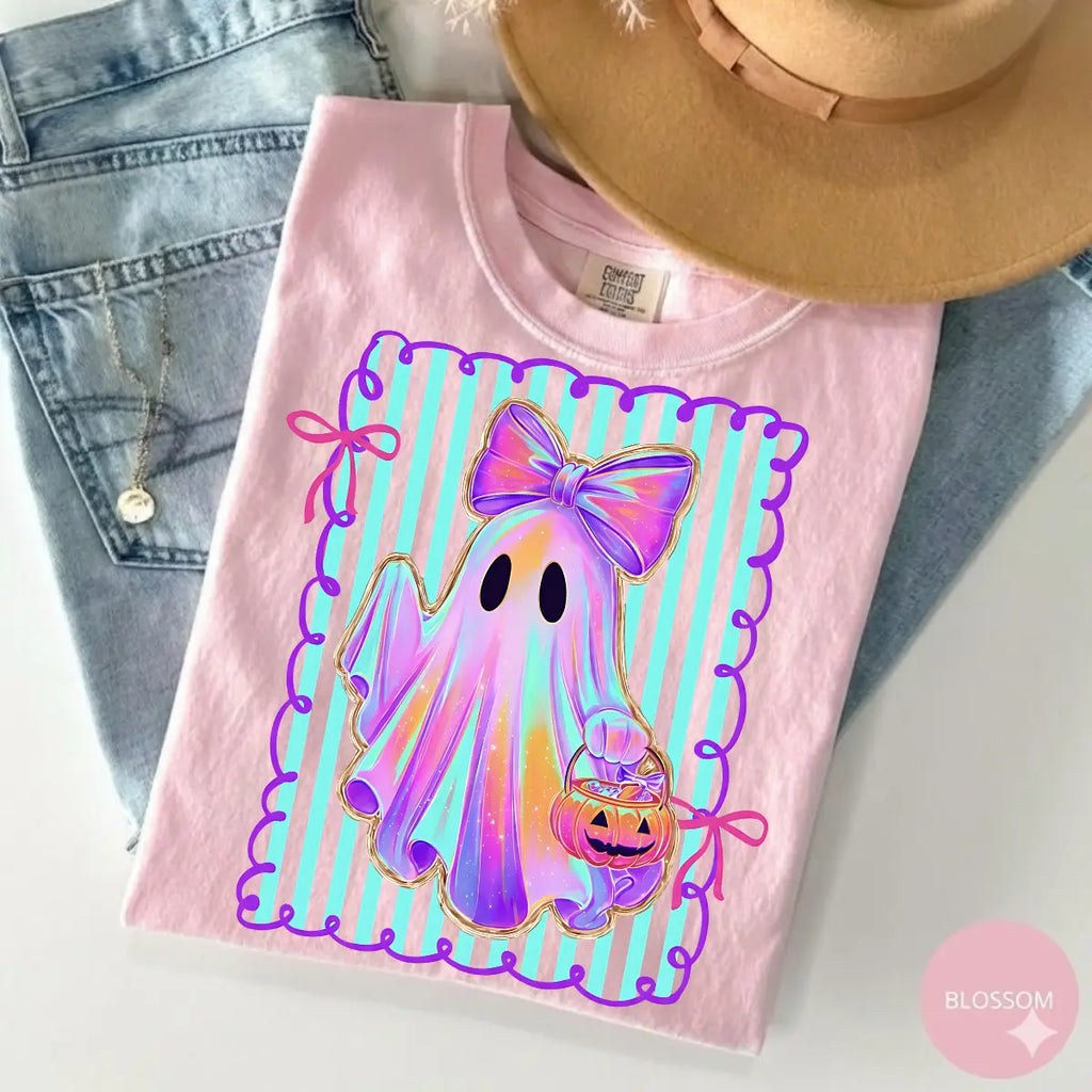 Comfort Colors Preppy Halloween Ghost Shirt, Cute Boo Ghost Coquette Tee, Floral Spooky Season Pumpkin Shirt, Girly Retro Halloween Apparel for Women