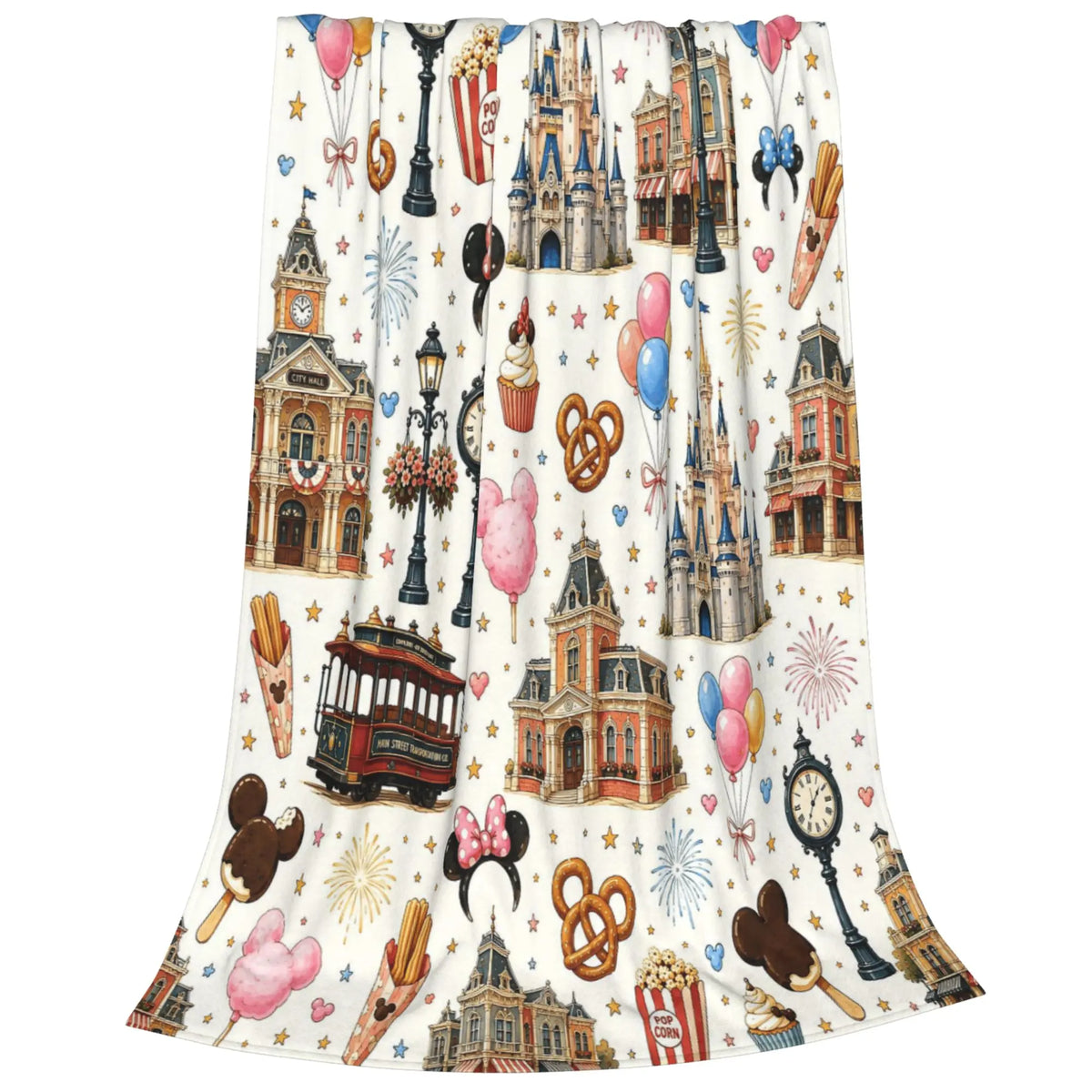 DISNEY CLASSIC [2026 New] Magic Park Main Street Flannel Throw Blanket,All-Over Print Castle Trolley Balloons Park Snacks Clock Lamp Post Fireworks Pastel Cute Cozy Fleece Blanket for Fan Gift