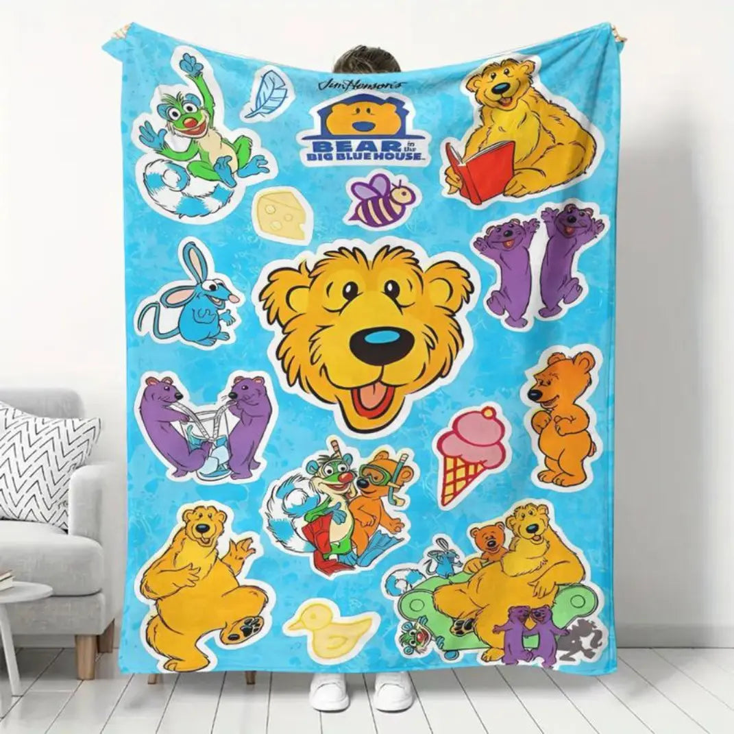 Soft Flannel Blanket Bear in the Big Blue House Cartoon Design, Cozy Throw for Living Room Office Sofa, Perfect Gift for All Seasons Thin Blanket Dream Workshop