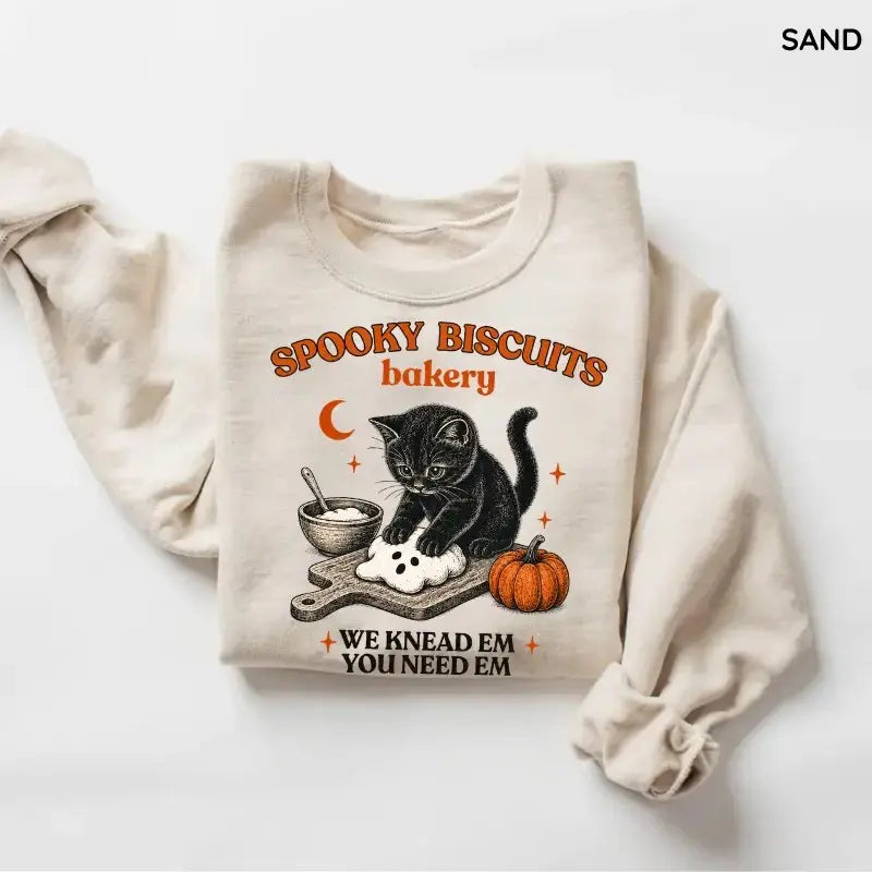 Kitty Biscuits Halloween Sweatshirt, Spooky Black Cat Crewneck, Vintage Baking Pumpkin Pullover, Cute Cat Lover Fall Gift, Cozy Autumn Graphic Top Tee