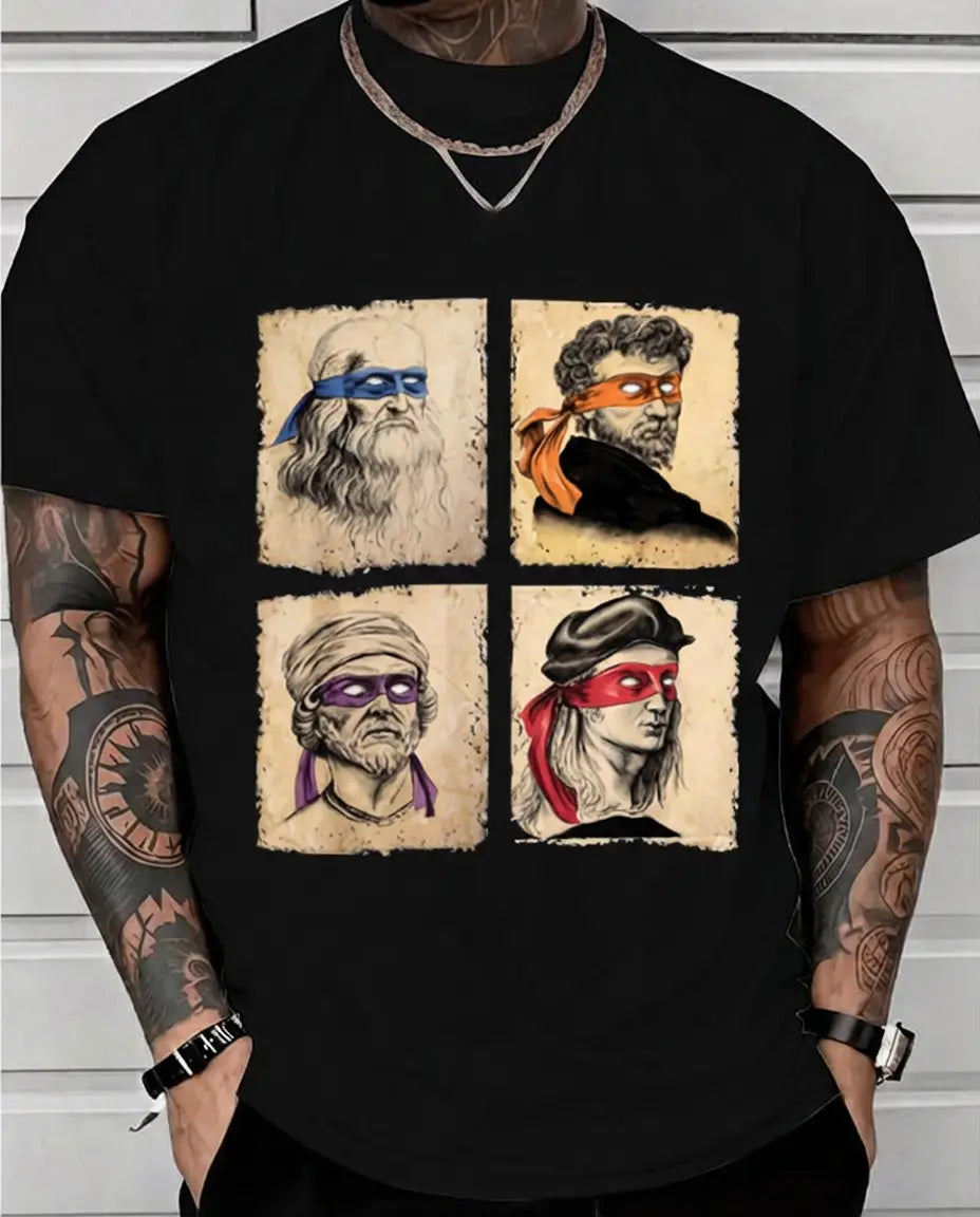 Graphic Tee Mens Casual Short Sleeve T Shirt Featuring Humorous Italian Artists and Teenage Mutant Ninja Turtles Artwork Regular Fit Round Neck Tee for Art Enthusiasts and Ninja Turtle Fans Oversized Casual Men's Letter Pattern Printed T-Shirt Street