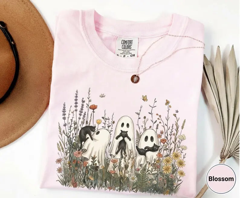 Comfort Colors Vintage Cottagecore Ghost Cat TShirt, Halloween Whimsical Wildflower Botanical Tee, Floral Spooky Nature Lover Gift