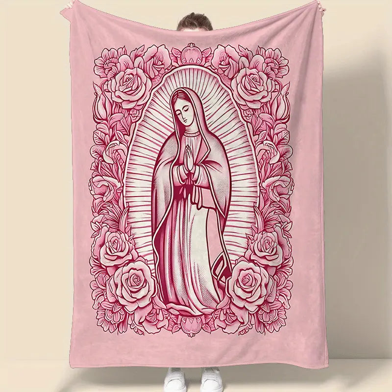 1 Piece Cozy Pink Virgin Mary Blanket-Super Soft Velvet with Floral Pattern, Perfect Gift for Mom, Grandma, Birthday and Valentine's Day, Perfect for Sofa, Bed, Travel and Living Room, multifunctional Blanket | Floral Blanket | Plush Texture,Meditation