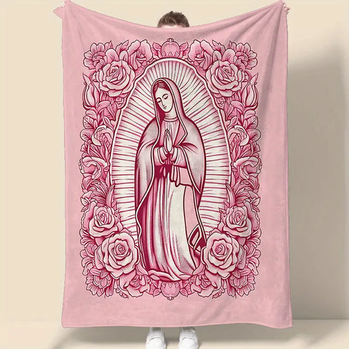 1 Piece Cozy Pink Virgin Mary Blanket-Super Soft Velvet with Floral Pattern, Perfect Gift for Mom, Grandma, Birthday and Valentine's Day, Perfect for Sofa, Bed, Travel and Living Room, multifunctional Blanket | Floral Blanket | Plush Texture,Meditation