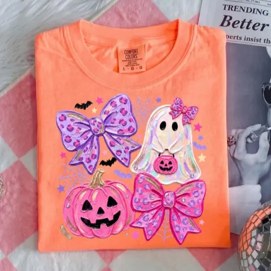 Comfort Colors Preppy Ghost Coquette Shirt, Cute Pink Bow Halloween T-Shirt, Girly Spooky Season Graphic Tee, Retro Fall Ghost Apparel, Trendy Gift