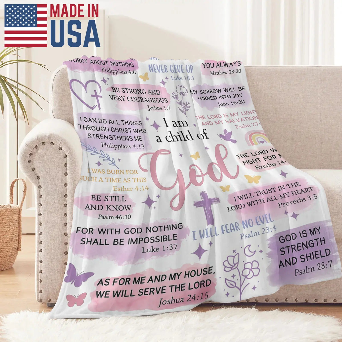 Faith-Based Printed Flannel Soft Throw Blanket (60x80 in) - "I Am A Child Of God" Bible Quote Collage, Pastel Watercolor Religious Print, Blankets for Sofa, Girl Room Decor, Heartwarming Gift for Girls,back to school,back to school shopping,home decor
