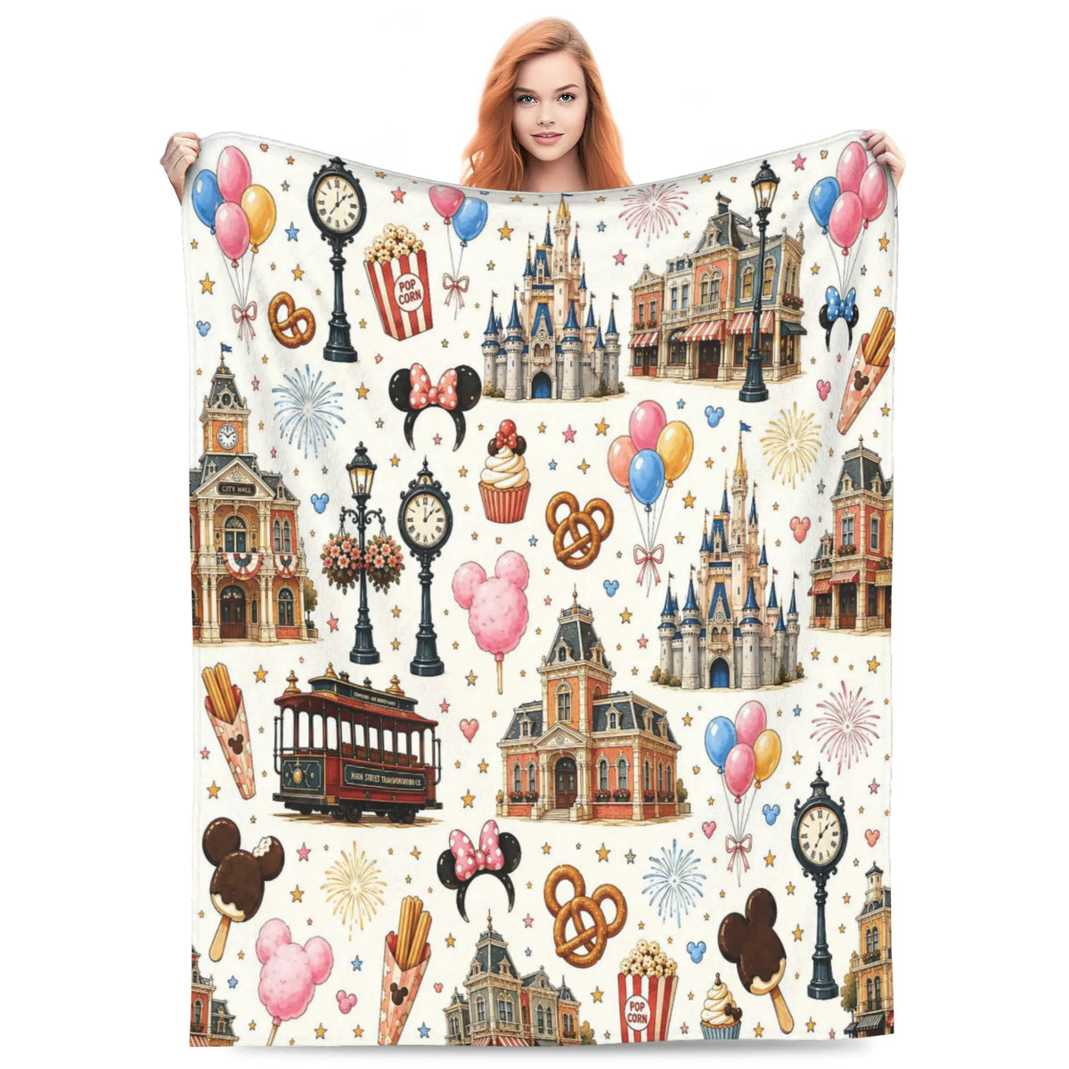DISNEY CLASSIC [2026 New] Magic Park Main Street Flannel Throw Blanket,All-Over Print Castle Trolley Balloons Park Snacks Clock Lamp Post Fireworks Pastel Cute Cozy Fleece Blanket for Fan Gift