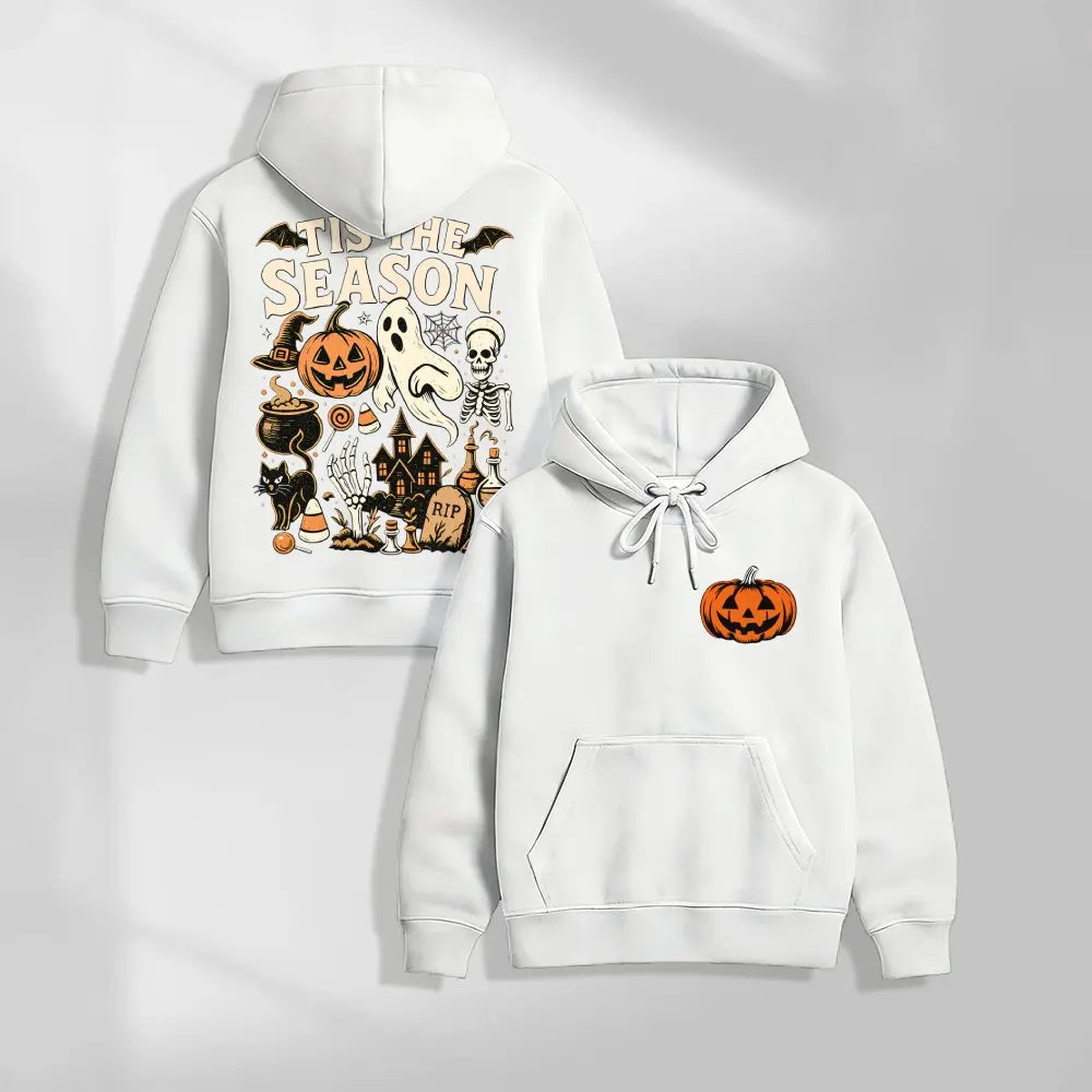Halloween Spooky Season Graphic Hoodie, Pumpkin Ghost Skeleton Front and Back Print Pullover Sweatshirt, Vintage Horror Long Sleeve Streetwear Hoodie for Halloween Party, Fall and Daily Wear