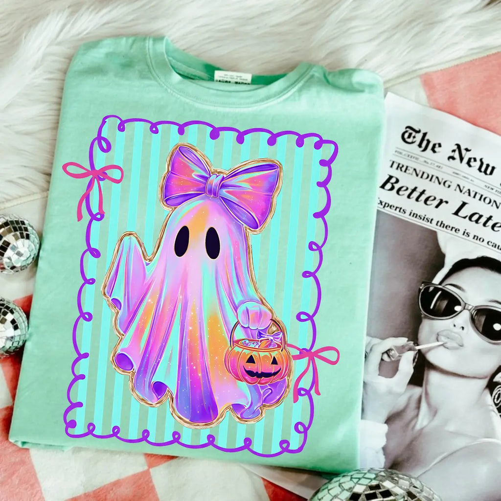 Comfort Colors Preppy Halloween Ghost Shirt, Cute Boo Ghost Coquette Tee, Floral Spooky Season Pumpkin Shirt, Girly Retro Halloween Apparel for Women