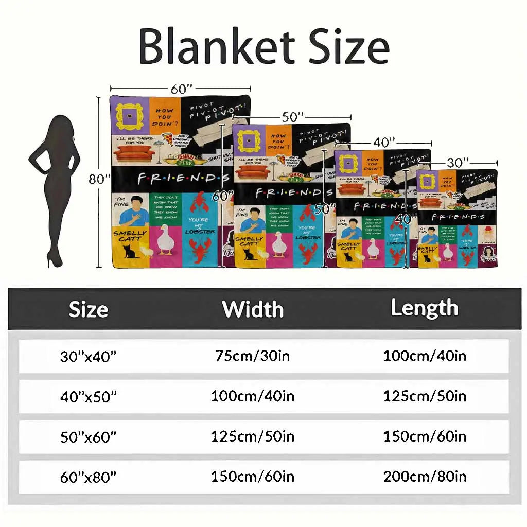 Friends TV Show Flannel Fabric Blanket - Soft, Warm, Fuzzy, Lightweight, Wrinkle Resistant, Anti-Pilling Throw with "You're My Lobster", Smelly Cat, Pivot Quotes & Central Perk Prints, 90s Sitcom Aesthetic, Indoor/Outdoor, Sofa Use, Best Friend Gift, Mult