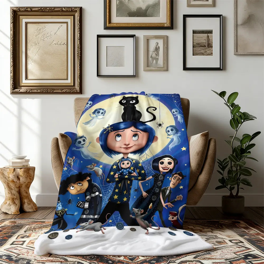 Coraline Cartoon Character Print Flannel Blanket - Soft Warm Bed Throw for Home or Travel Use, Ideal Holiday Christmas Birthday Gift for Teens, Flannel Blankets