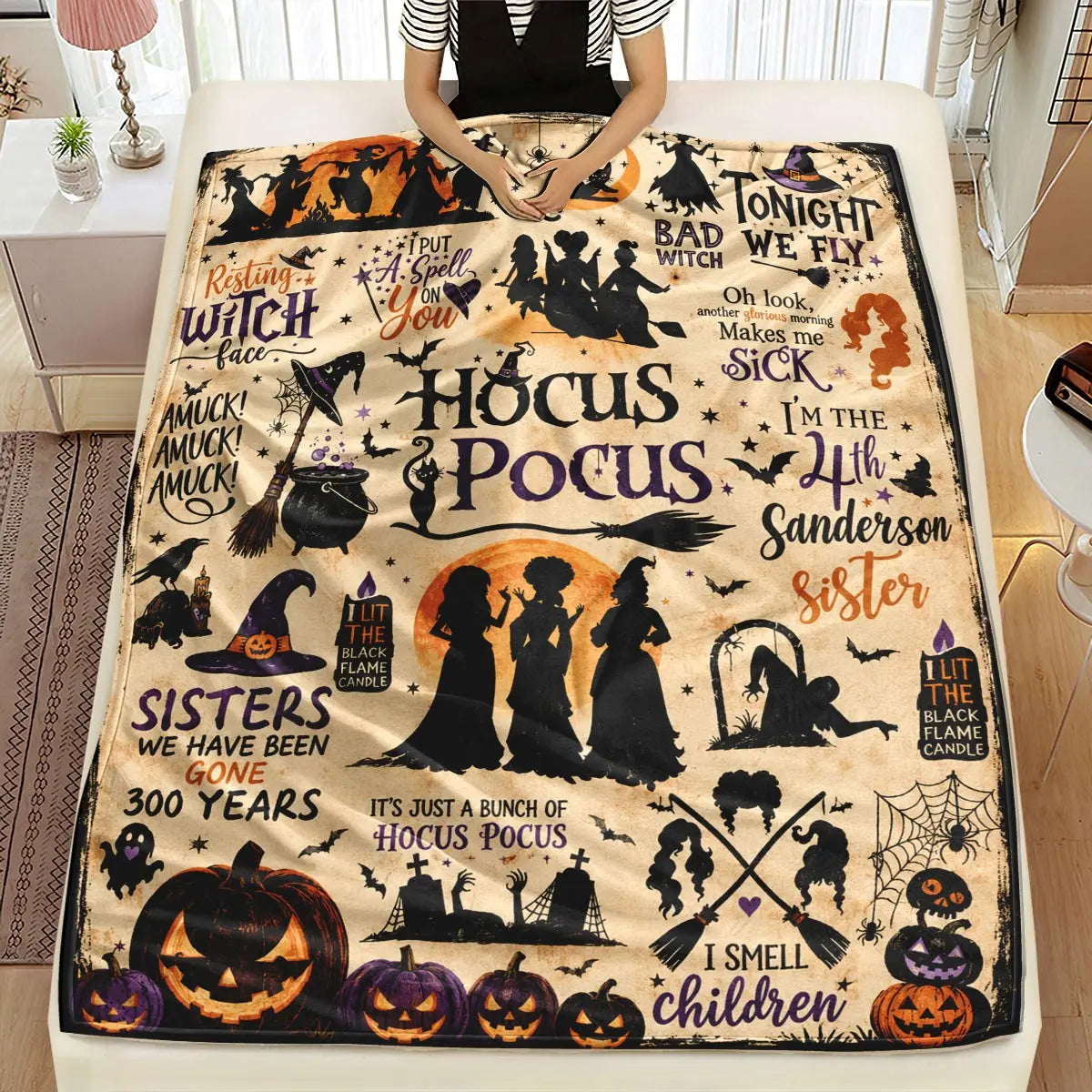 Comfortable Halloween Three Witches & Pumpkin Print Flannel Blanket, Soft Warm Anti-Pilling Cozy Throw, Ideal Fall & Winter Gift, Fall Blankets