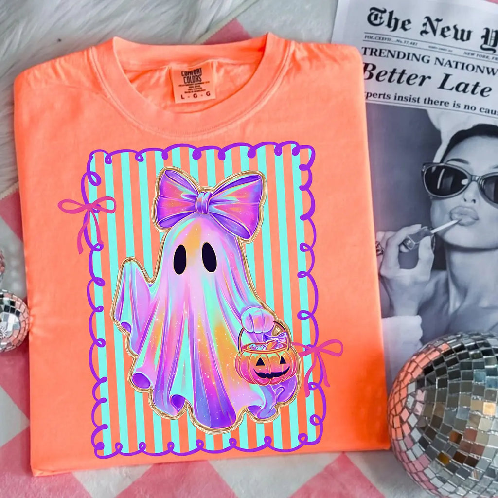 Comfort Colors Preppy Halloween Ghost Shirt, Cute Boo Ghost Coquette Tee, Floral Spooky Season Pumpkin Shirt, Girly Retro Halloween Apparel for Women