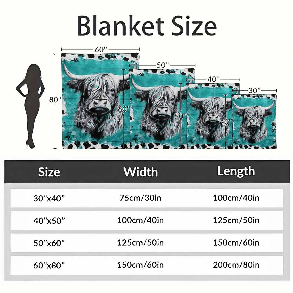Highland Cow Flannel Blanket - Turquoise Abstract Animal Print, Soft Warm Lightweight, Wrinkle Resistant, Anti-Pilling, Color Stays Vivid Longer, Cozy Throw for Living Room Decor, Bedroom Sofa, Home Gift & Cozy Setup, Indoor/Outdoor