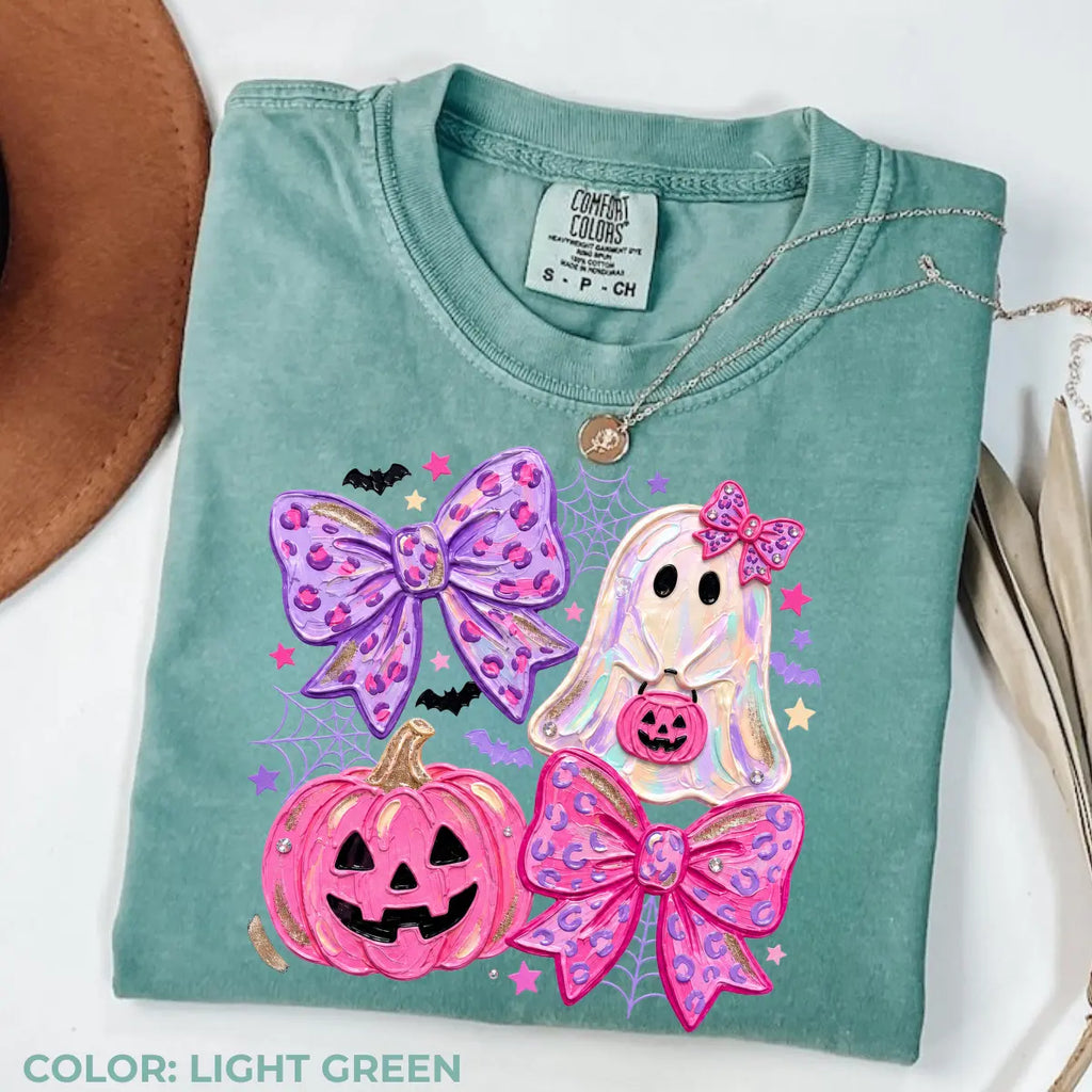 Comfort Colors Preppy Ghost Coquette Shirt, Cute Pink Bow Halloween T-Shirt, Girly Spooky Season Graphic Tee, Retro Fall Ghost Apparel, Trendy Gift