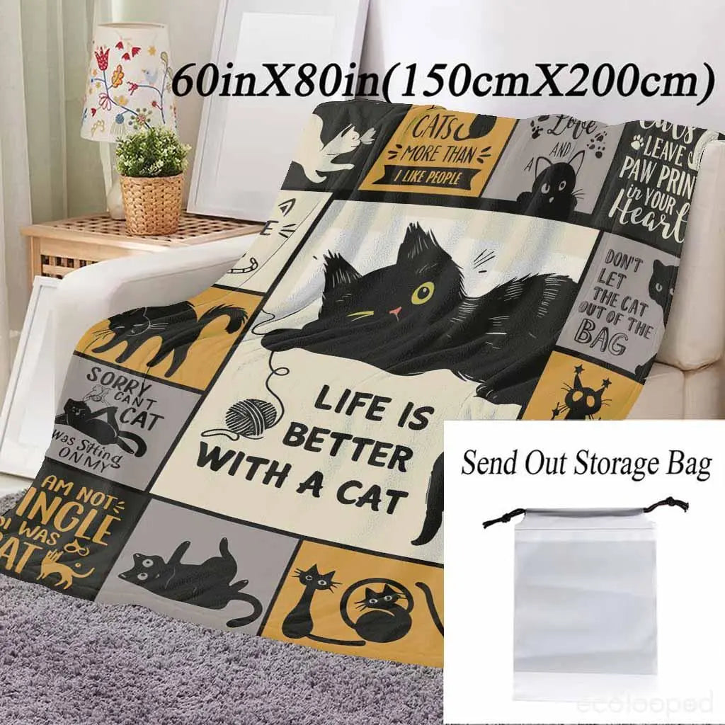 Flannel Throw Blanket - Halloween Animal Graphic Blanket, Super Soft Warm Lightweight Wrinkle Resistant, Whimsical Cartoon Paw Print Kitty Design, Spooky Animal Inspired Home Decor for Cozy Setup, Ideal Gift for Cat Owners, Anti-Pilling Flannel