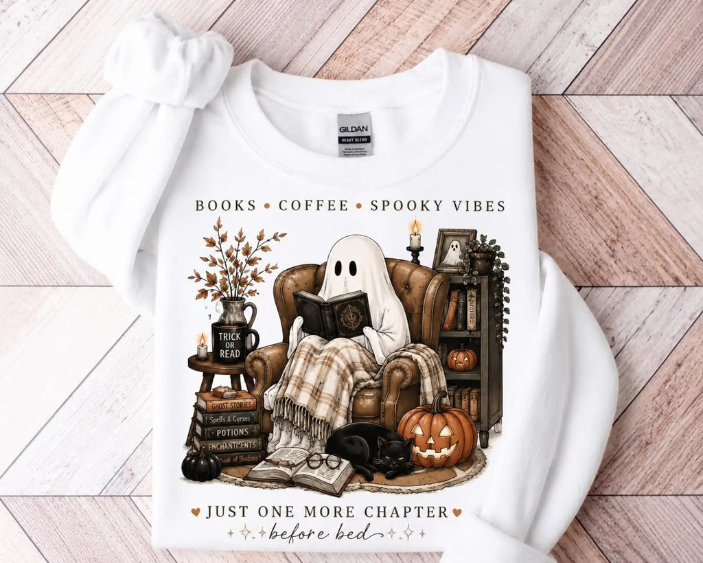 Cozy Ghost Reading Gildan Sweatshirt or T-Shirt, Book Lover Coffee Spooky Vibes Shirt, Cute Halloween Reader Fall Graphic Tee