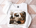 Cozy Ghost Reading Gildan Sweatshirt or T-Shirt, Book Lover Coffee Spooky Vibes Shirt, Cute Halloween Reader Fall Graphic Tee