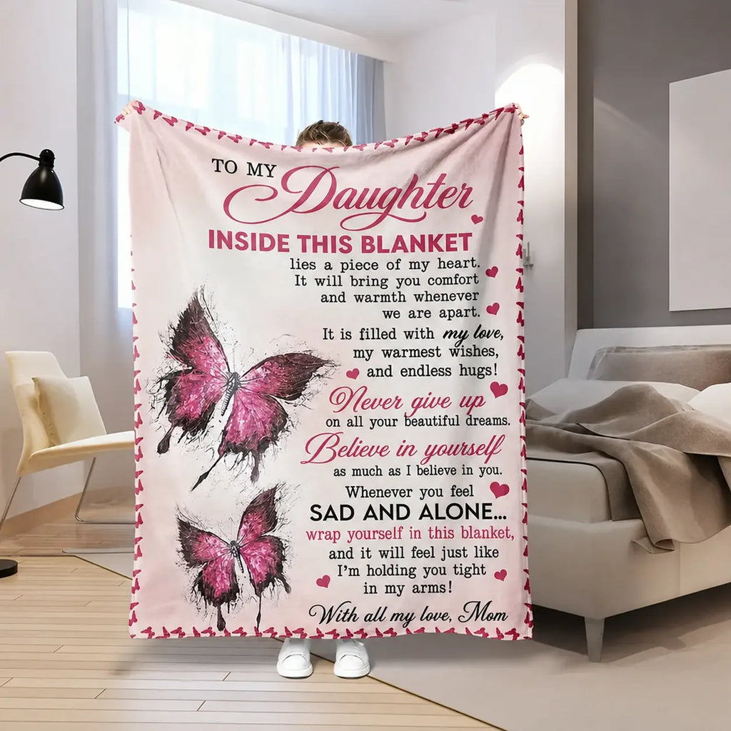 Mama&Papa Inspirational Blanket for Daughters&Son-the perfect graduation gift, birthday present, back-to-school gift, or Christmas present. Features pink butterfly embellishments and makes a lovely addition to your daughter’s bedroom.