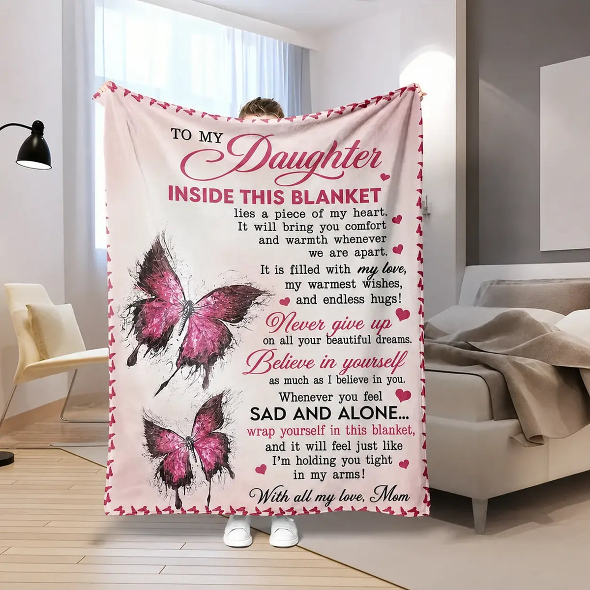 Mama&Papa Inspirational Blanket for Daughters&Son-the perfect graduation gift, birthday present, back-to-school gift, or Christmas present. Features pink butterfly embellishments and makes a lovely addition to your daughter’s bedroom.