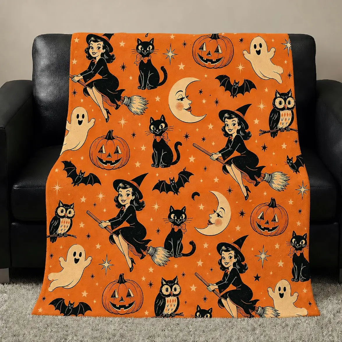 Halloween Witch Flannel Blanket, Retro 60s Flannel Throw Blanket, Soft Cozy Plush for Bed Sofa, Spooky Fall Room Decor, Christmas Gift
