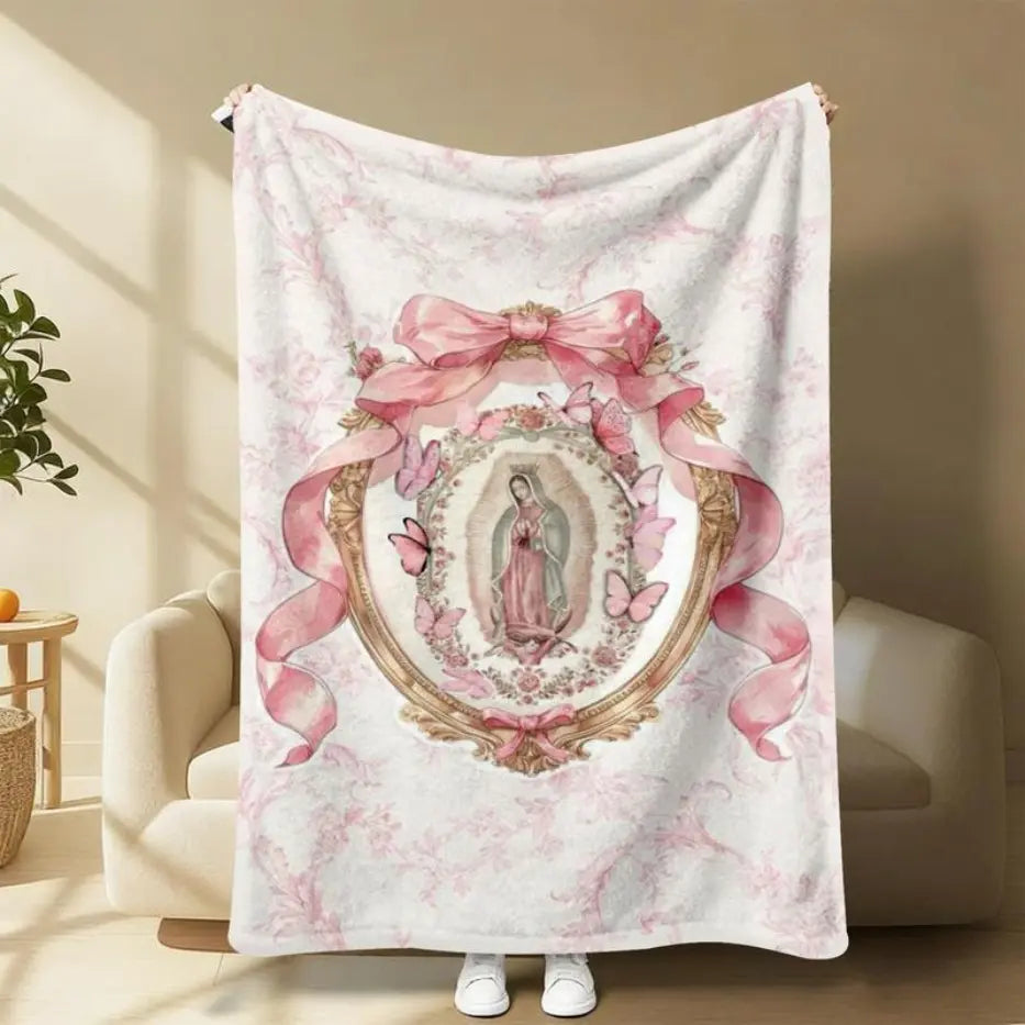 Our Lady of Guadalupe Pink Bow Frame Art Flannel Blanket - Super Soft Warm Wrinkle Resistant Polyester Throw with Colorful Cute Sloth Design, Comfy Vibes Cozy Style - Ideal for Bed, Sofa - Unique Gifts for Women