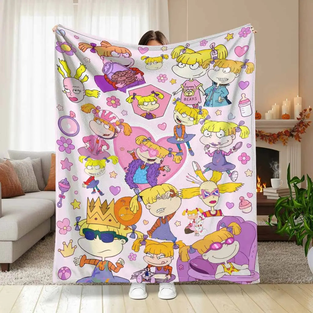 Cartoon Girl Flannel Blanket - Anti-Pilling Flannel Fabric, Retro 90s Pink Hearts Floral Pattern, Soft Cozy Lightweight, Multi-Size, Home/Dorm Indoor/Outdoor Use, Gift for Teens