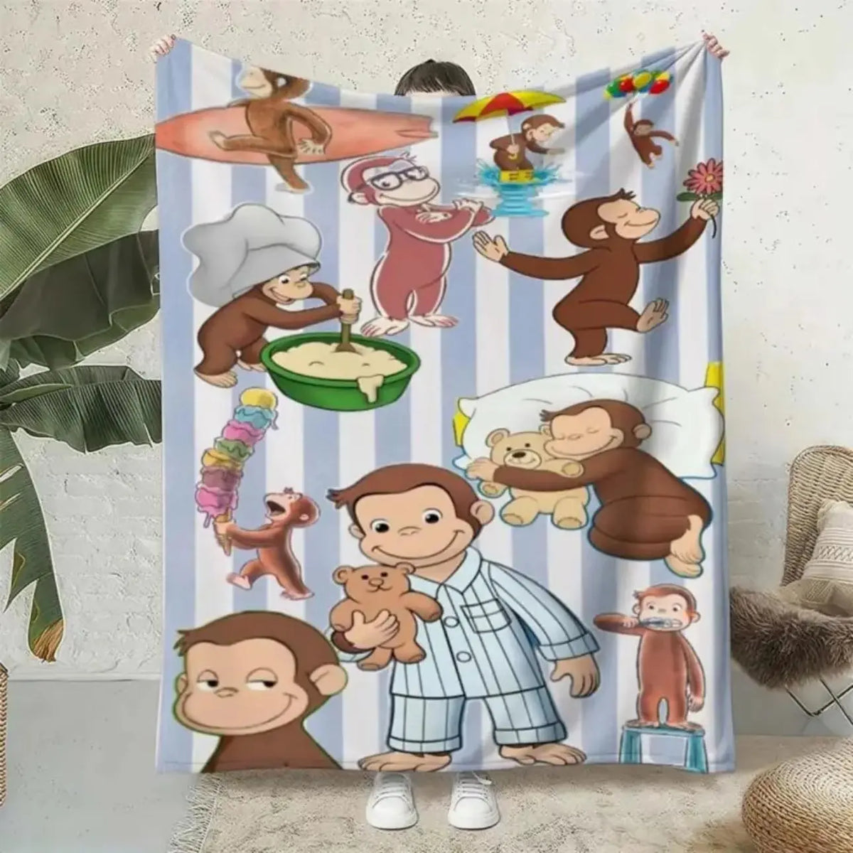 Classic Curious George Cartoon Character Throw Blanket - Breathable, Soft Cozy All-Seasons Bedding for Children, Kids Bedroom Decor, Couch Sofa Birthday Gift, Wrinkle Resistant