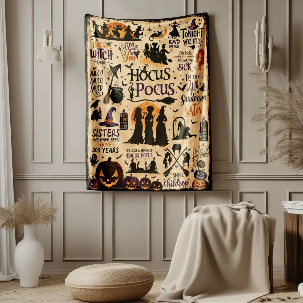 Comfortable Halloween Three Witches & Pumpkin Print Flannel Blanket, Soft Warm Anti-Pilling Cozy Throw, Ideal Fall & Winter Gift, Fall Blankets