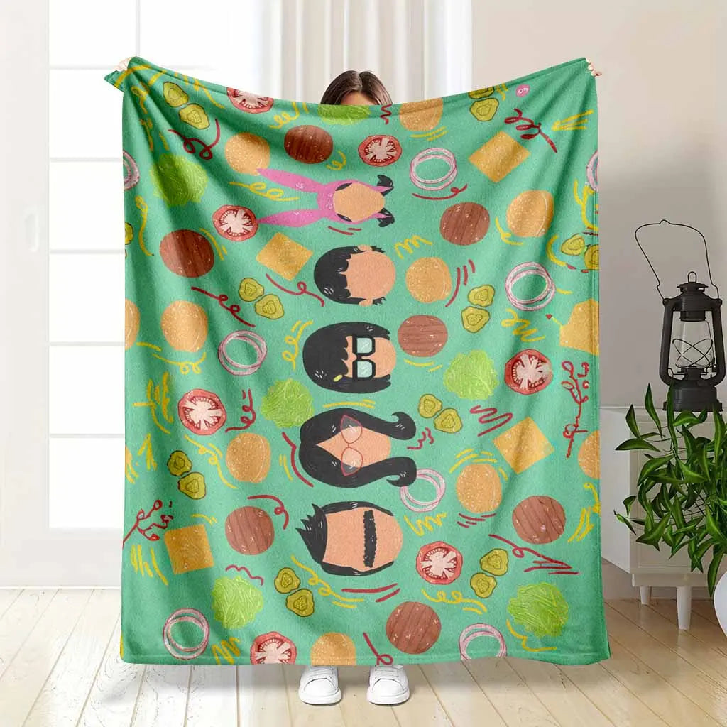 Burger Family Flannel Throw Blanket, Cartoon Food Print, Soft Warm Lightweight Breathable Cozy, Ideal for Sofa & Travel, Great Gift for Food Lovers, Lightweight Breathable Blanket