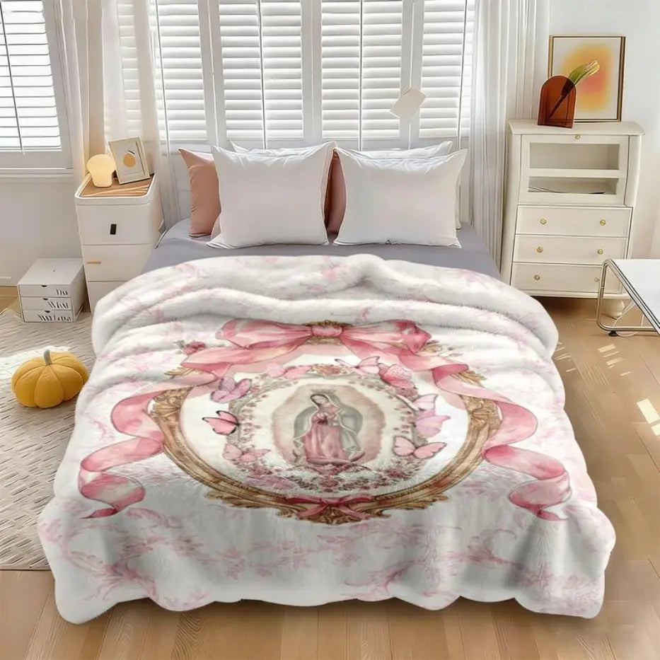 Our Lady of Guadalupe Pink Bow Frame Art Flannel Blanket - Super Soft Warm Wrinkle Resistant Polyester Throw with Colorful Cute Sloth Design, Comfy Vibes Cozy Style - Ideal for Bed, Sofa - Unique Gifts for Women