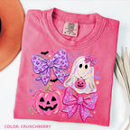 Comfort Colors Preppy Ghost Coquette Shirt, Cute Pink Bow Halloween T-Shirt, Girly Spooky Season Graphic Tee, Retro Fall Ghost Apparel, Trendy Gift
