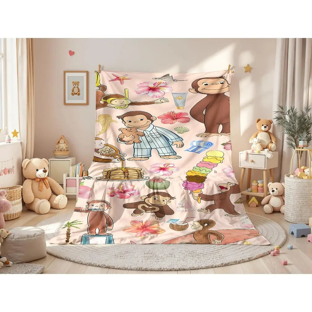 Curious George Classic Flannel Print Throw Blanket - Tropical & Pajama Collage, Beach Surf Adventure, Pancake Scene Designs, Lightweight, Fade Resistant, Soft Cozy, Machine Washable for Kids' Beds, Living Space Snuggle, Holiday Birthday Gift
