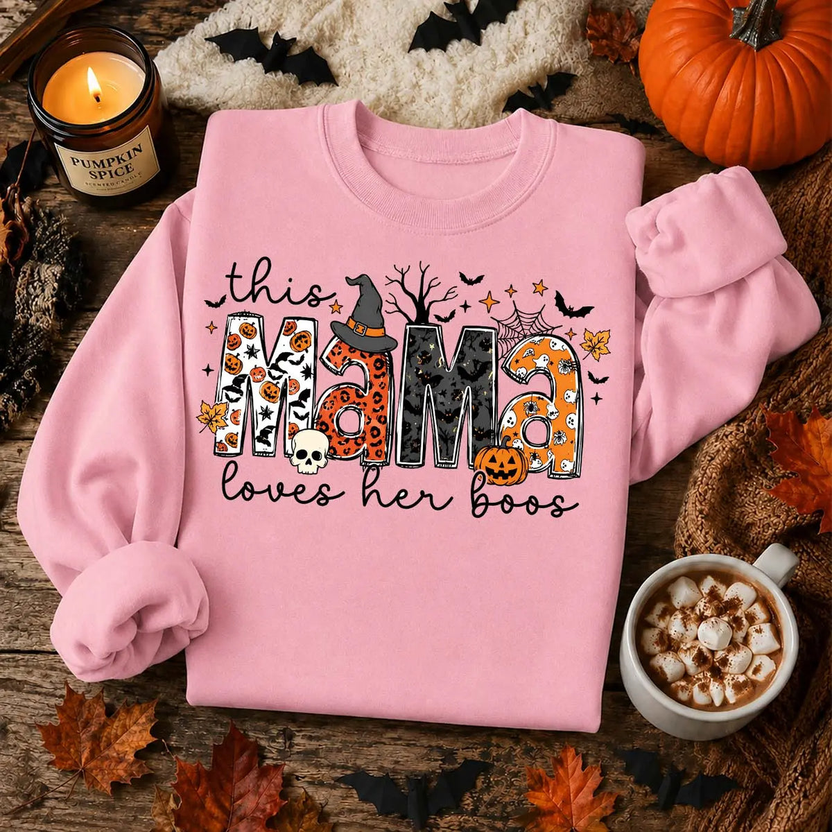 Women’s Halloween Mama Graphic Sweatshirt, Cute Pumpkin Bat & Witch Hat Crewneck Pullover, Cozy Long Sleeve Fall Top for Moms, Fun Spooky Season Shirt for Halloween Parties, Trick or Treat Nights, Weekend Wear & Autumn Gifts